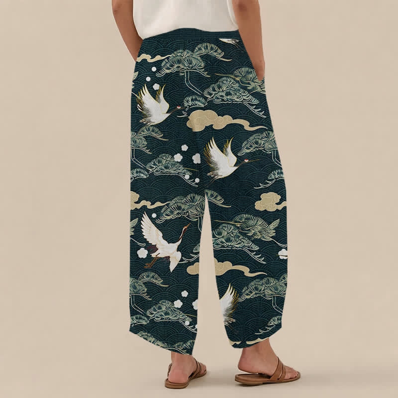 Buddha Stones Pantaloni harem da donna in cotone con motivo gru e nuvole, plissettati e vita elasticizzata, con tasche. - image 8