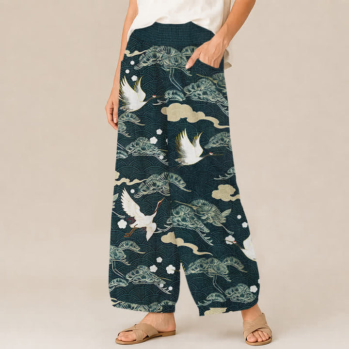 Buddha Stones Pantaloni harem da donna in cotone con motivo gru e nuvole, plissettati e vita elasticizzata, con tasche. - image 7