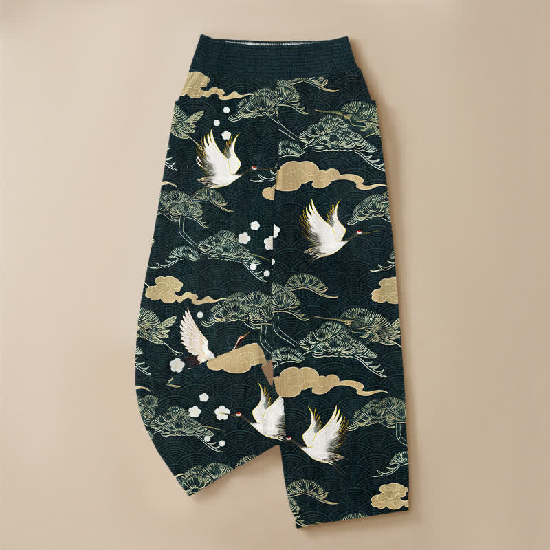 Buddha Stones Pantaloni harem da donna in cotone con motivo gru e nuvole, plissettati e vita elasticizzata, con tasche. - image 9