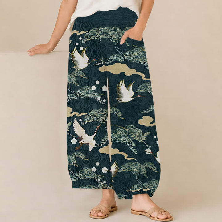 Buddha Stones Pantaloni harem da donna in cotone con motivo gru e nuvole, plissettati e vita elasticizzata, con tasche. - Verde acqua - US16, UK/AU20, EU48 (3XL) - image 6