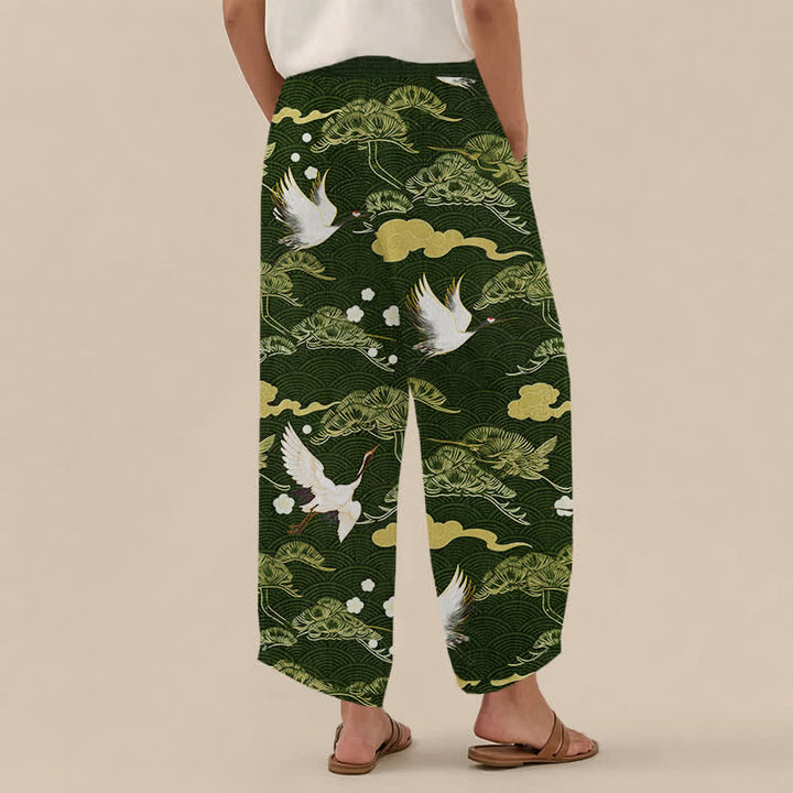 Buddha Stones Pantaloni harem da donna in cotone con motivo gru e nuvole, plissettati e vita elasticizzata, con tasche. - image 12
