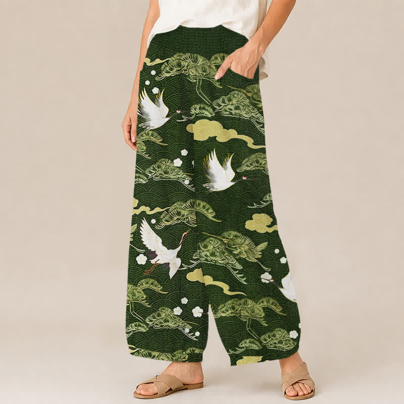 Buddha Stones Pantaloni harem da donna in cotone con motivo gru e nuvole, plissettati e vita elasticizzata, con tasche. - image 11