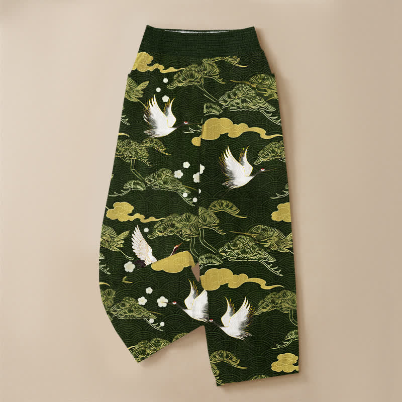 Buddha Stones Pantaloni harem da donna in cotone con motivo gru e nuvole, plissettati e vita elasticizzata, con tasche. - image 13