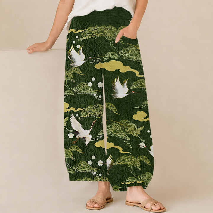 Buddha Stones Pantaloni harem da donna in cotone con motivo gru e nuvole, plissettati e vita elasticizzata, con tasche. - Verde studentesco - US16, UK/AU20, EU48 (3XL) - image 10