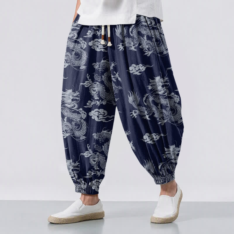 Buddha Stones Pantaloni harem da uomo in puro cotone con coulisse e tasche, fantasia drago e nuvole. - Marina - US/UK/AU50, EU60 (5XL) - image 0