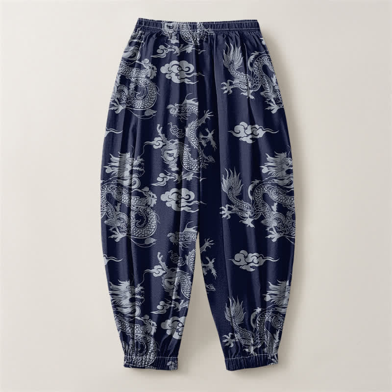 Buddha Stones Pantaloni harem da uomo in puro cotone con coulisse e tasche, fantasia drago e nuvole. - image 2