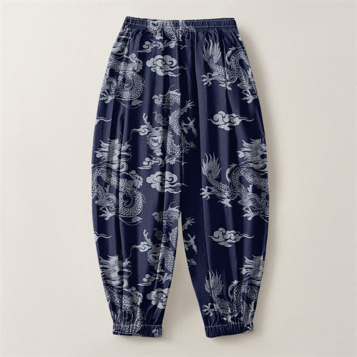 Buddha Stones Pantaloni harem da uomo in puro cotone con coulisse e tasche, fantasia drago e nuvole. - image 2