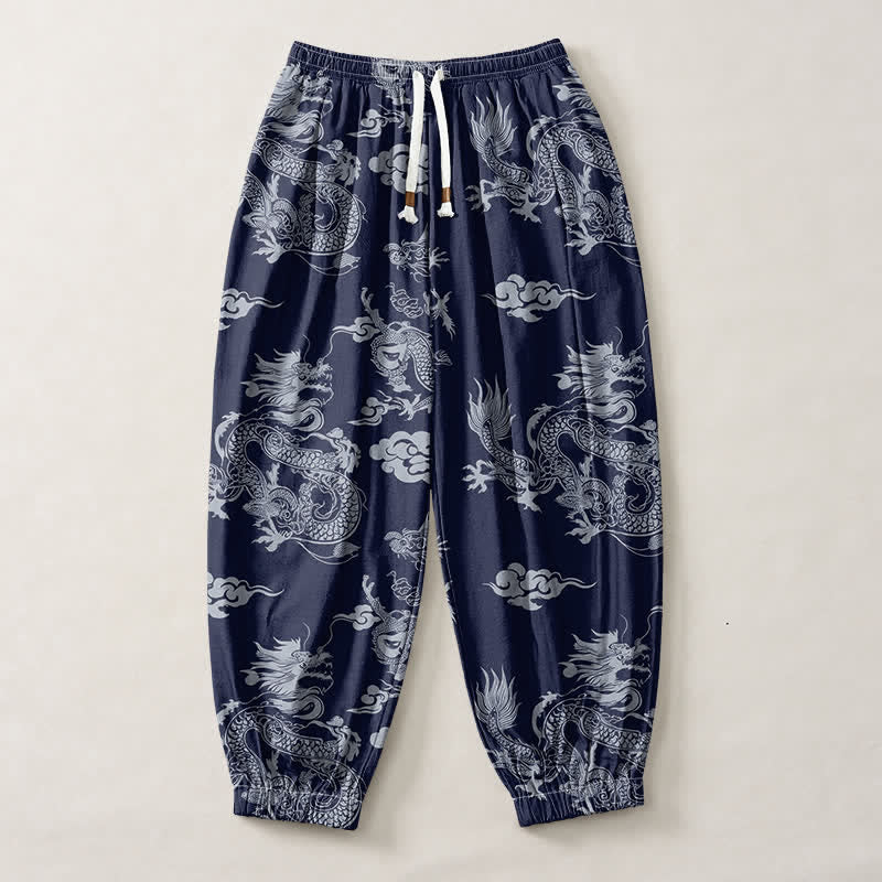 Buddha Stones Pantaloni harem da uomo in puro cotone con coulisse e tasche, fantasia drago e nuvole. - image 1