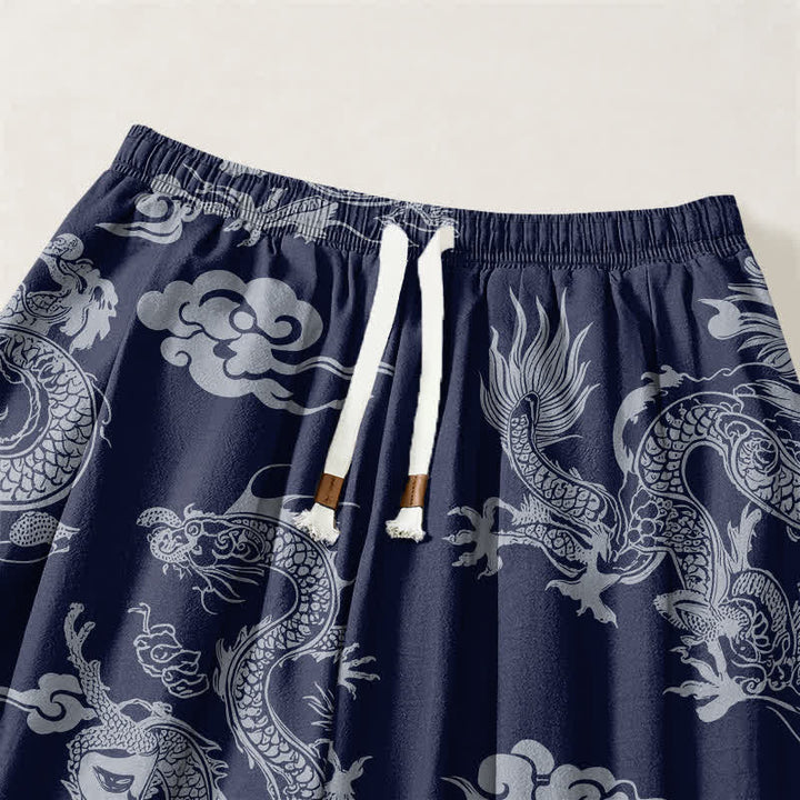 Buddha Stones Pantaloni harem da uomo in puro cotone con coulisse e tasche, fantasia drago e nuvole. - image 3