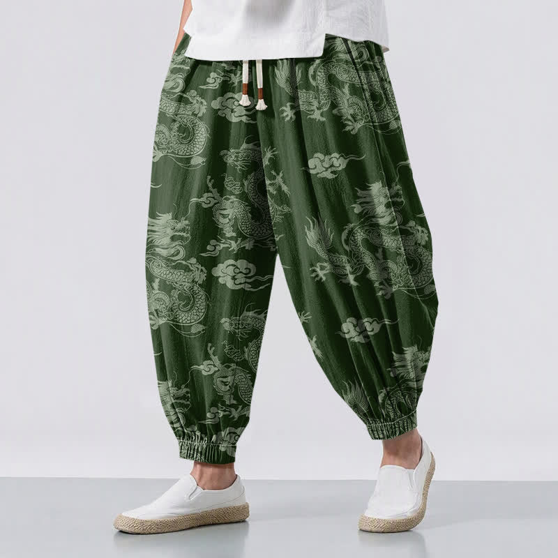 Buddha Stones Pantaloni harem da uomo in puro cotone con coulisse e tasche, fantasia drago e nuvole. - Verde studentesco - US/UK/AU50, EU60 (5XL) - image 6
