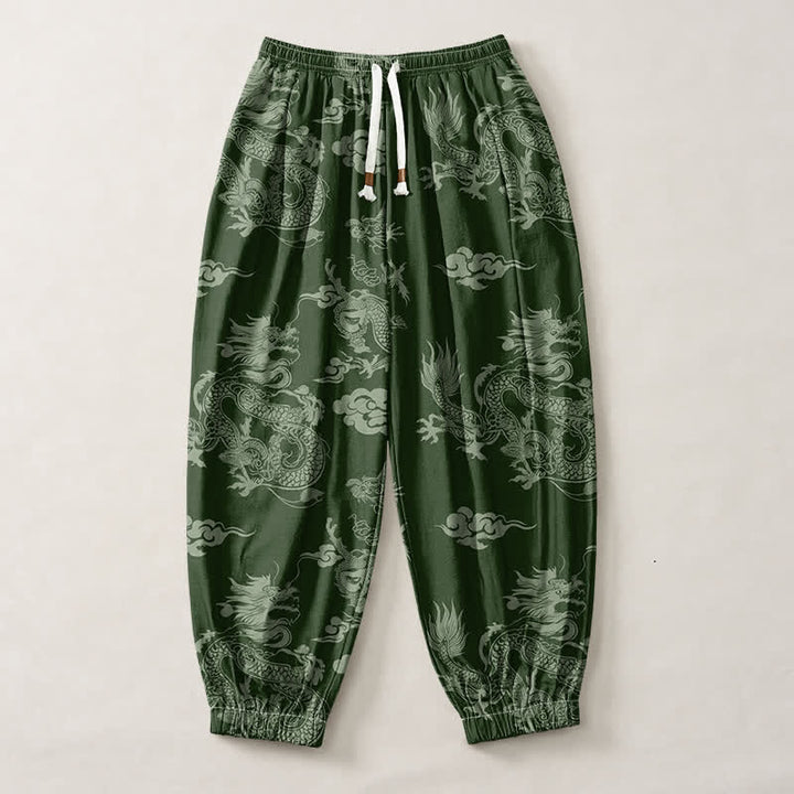 Buddha Stones Pantaloni harem da uomo in puro cotone con coulisse e tasche, fantasia drago e nuvole. - image 7
