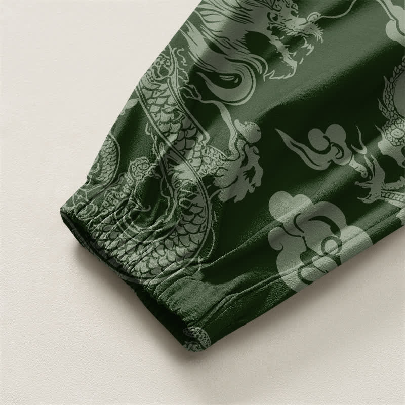 Buddha Stones Pantaloni harem da uomo in puro cotone con coulisse e tasche, fantasia drago e nuvole. - image 10