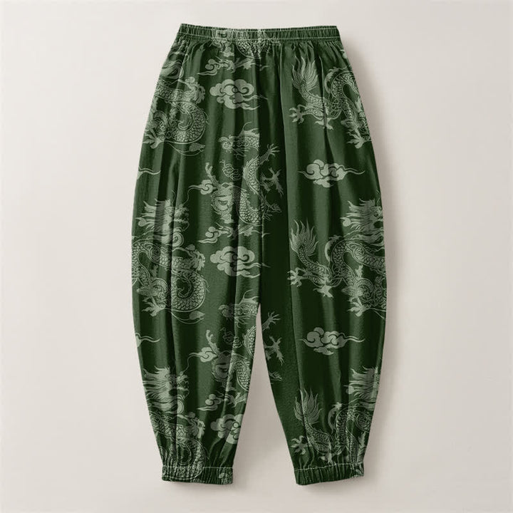 Buddha Stones Pantaloni harem da uomo in puro cotone con coulisse e tasche, fantasia drago e nuvole. - image 8