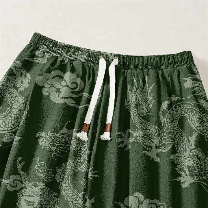 Buddha Stones Pantaloni harem da uomo in puro cotone con coulisse e tasche, fantasia drago e nuvole. - image 9