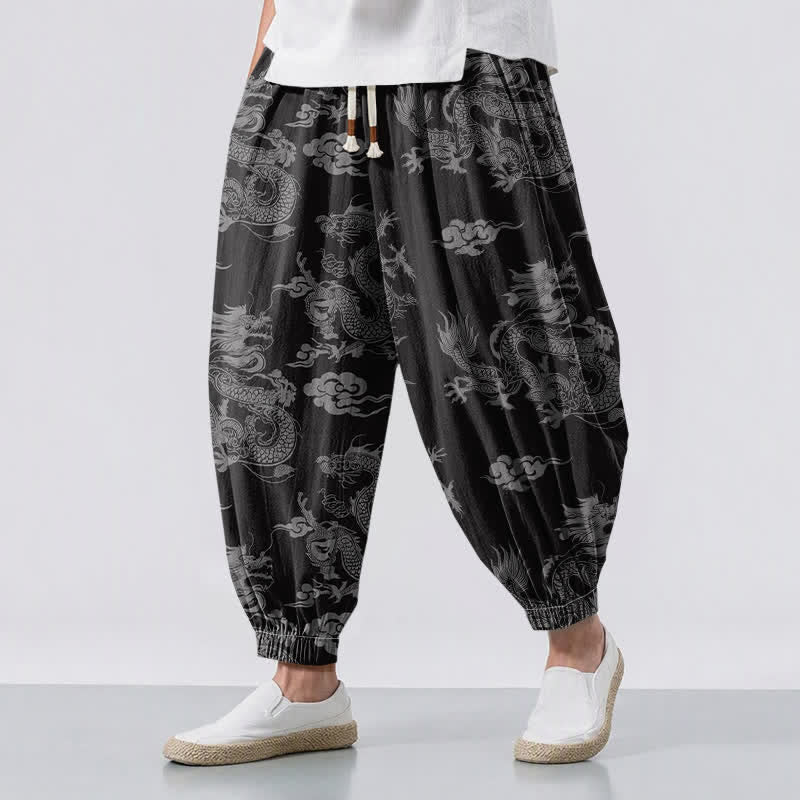 Buddha Stones Pantaloni harem da uomo in puro cotone con coulisse e tasche, fantasia drago e nuvole. - Nero - US/UK/AU50, EU60 (5XL) - image 12