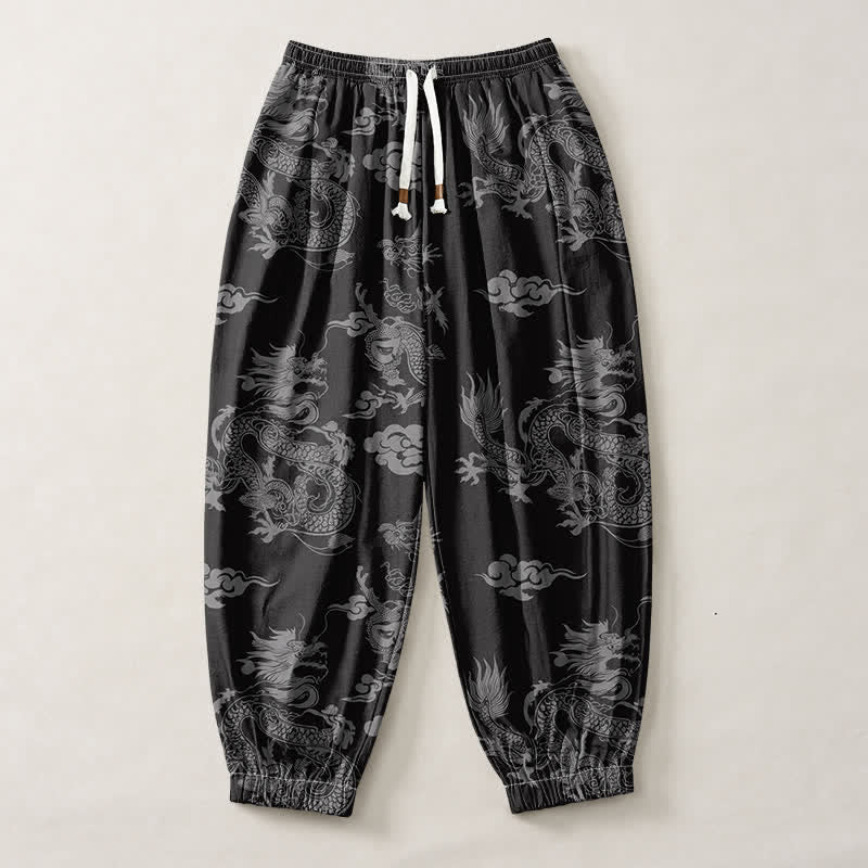 Buddha Stones Pantaloni harem da uomo in puro cotone con coulisse e tasche, fantasia drago e nuvole. - image 13
