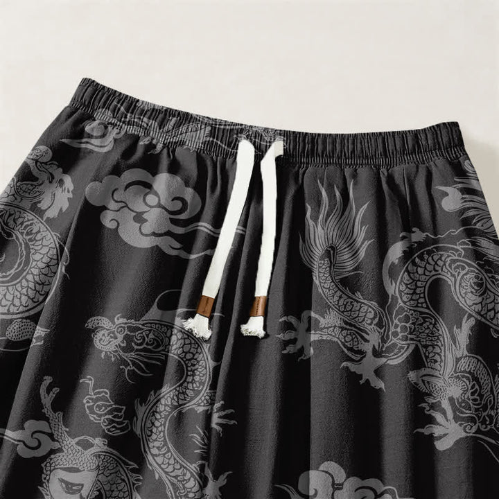 Buddha Stones Pantaloni harem da uomo in puro cotone con coulisse e tasche, fantasia drago e nuvole. - image 15