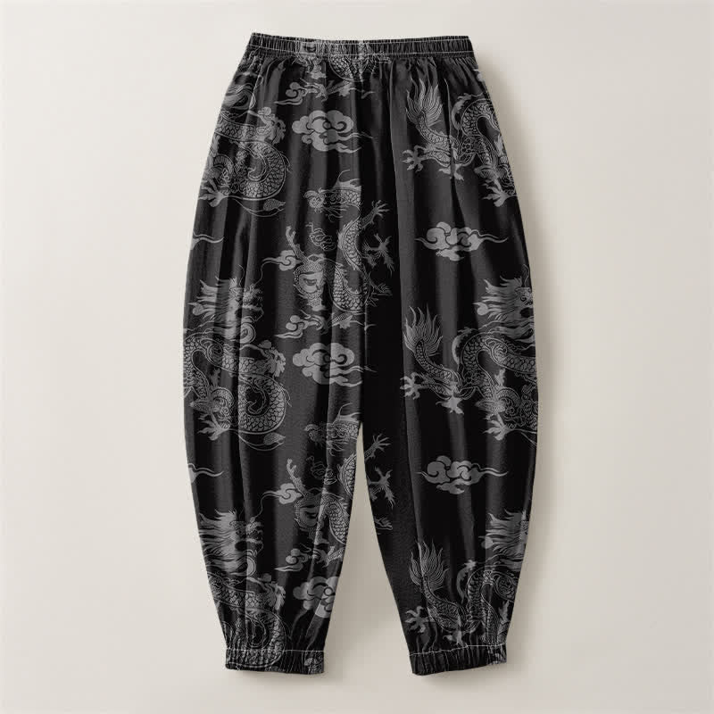 Buddha Stones Pantaloni harem da uomo in puro cotone con coulisse e tasche, fantasia drago e nuvole. - image 14