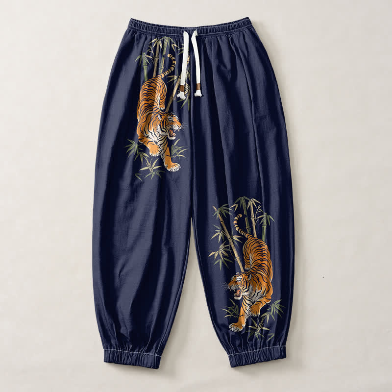 Buddha Stones Pantaloni harem da uomo in puro cotone con coulisse e tasche, fantasia tigre e bambù. - image 13