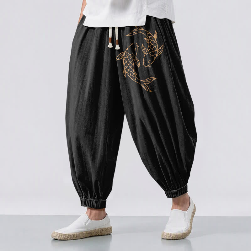 Buddha Stones Pantaloni harem da uomo in puro cotone con coulisse e tasche, fantasia a doppia carpa koi. - Nero - US/UK/AU50, EU60 (5XL) - image 0