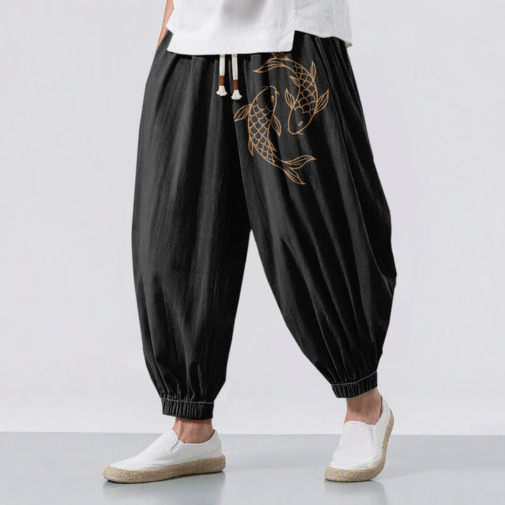 Buddha Stones Pantaloni harem da uomo in puro cotone con coulisse e tasche, fantasia a doppia carpa koi. - Nero - US/UK/AU50, EU60 (5XL) - image 0
