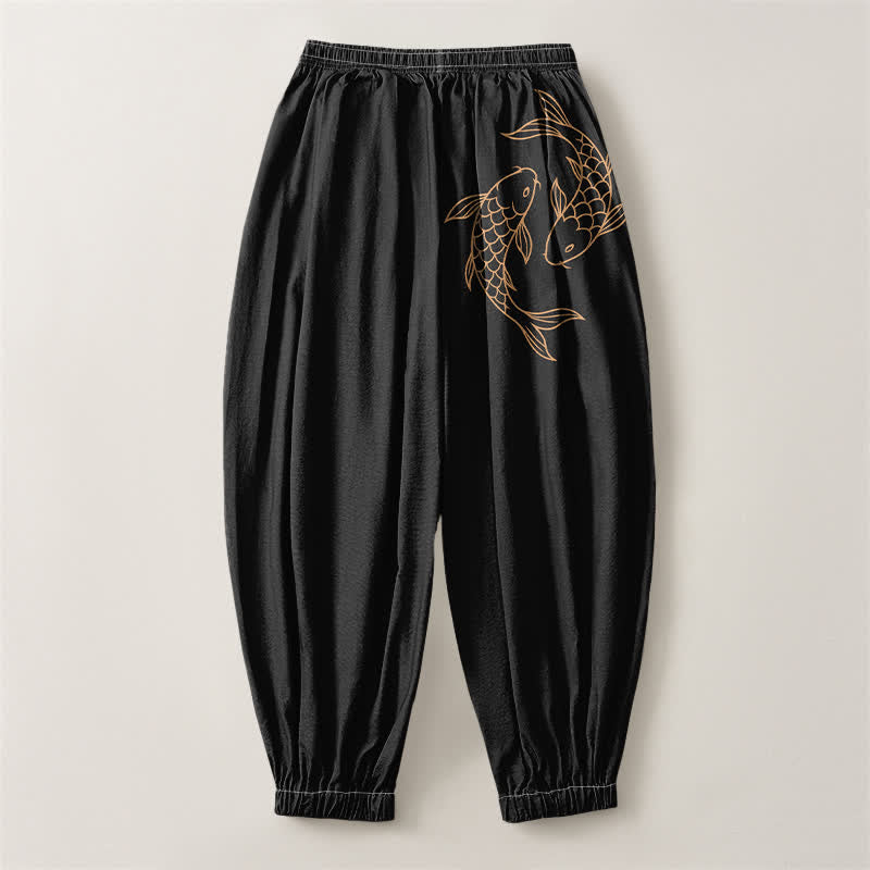 Buddha Stones Pantaloni harem da uomo in puro cotone con coulisse e tasche, fantasia a doppia carpa koi. - image 2