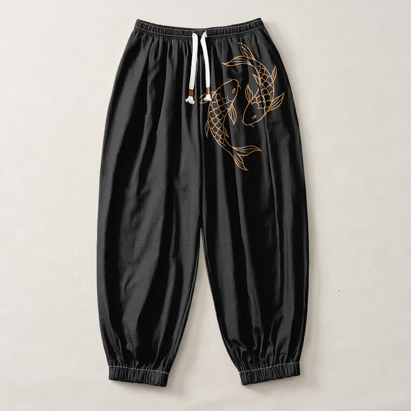 Buddha Stones Pantaloni harem da uomo in puro cotone con coulisse e tasche, fantasia a doppia carpa koi. - image 1