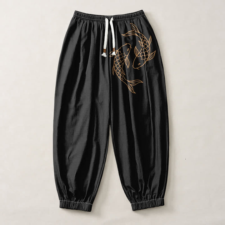 Buddha Stones Pantaloni harem da uomo in puro cotone con coulisse e tasche, fantasia a doppia carpa koi. - image 1