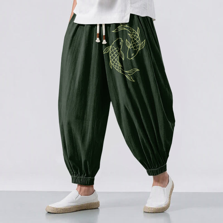 Buddha Stones Pantaloni harem da uomo in puro cotone con coulisse e tasche, fantasia a doppia carpa koi. - Verde scuro - US/UK/AU50, EU60 (5XL) - image 6