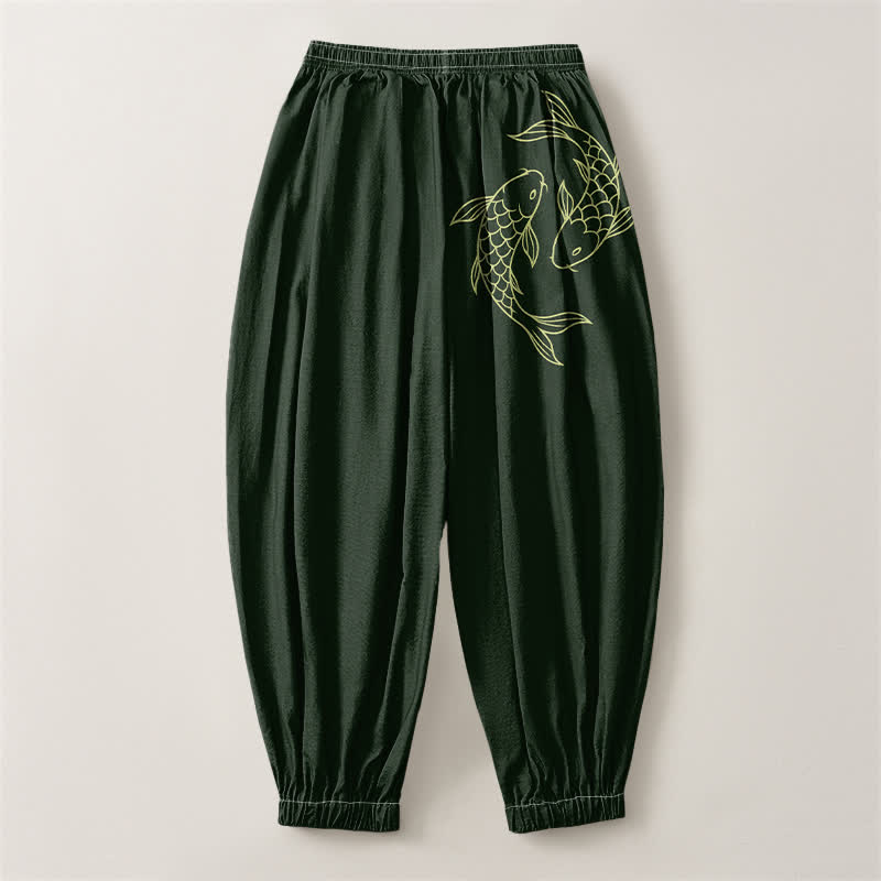 Buddha Stones Pantaloni harem da uomo in puro cotone con coulisse e tasche, fantasia a doppia carpa koi. - image 8