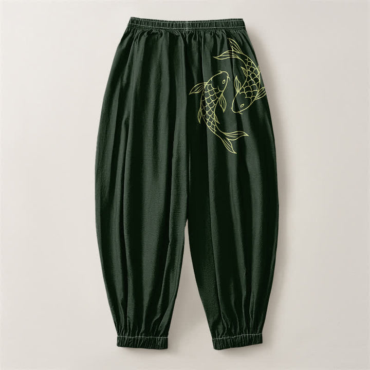 Buddha Stones Pantaloni harem da uomo in puro cotone con coulisse e tasche, fantasia a doppia carpa koi. - image 8