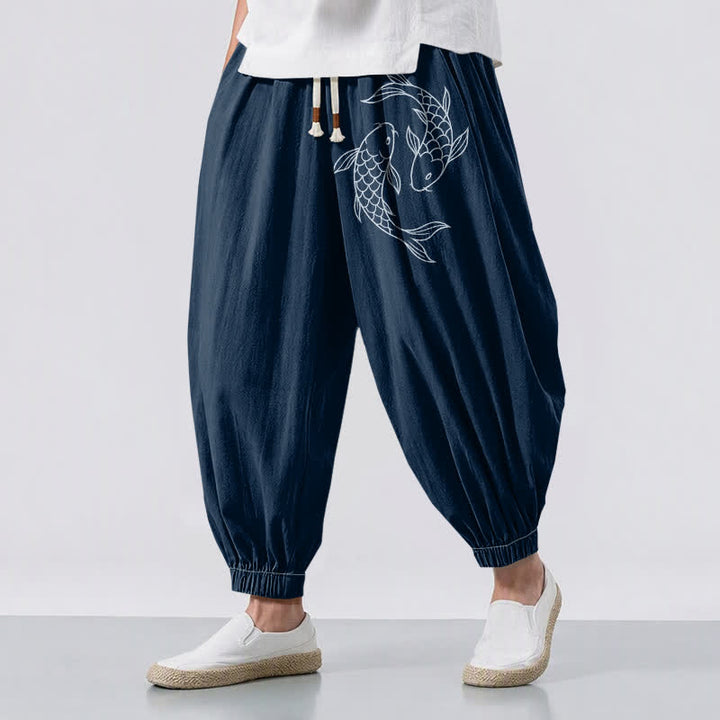 Buddha Stones Pantaloni harem da uomo in puro cotone con coulisse e tasche, fantasia a doppia carpa koi. - Marina - US/UK/AU50, EU60 (5XL) - image 12