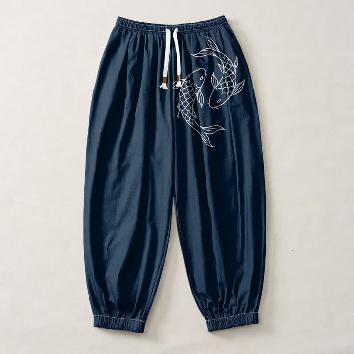 Buddha Stones Pantaloni harem da uomo in puro cotone con coulisse e tasche, fantasia a doppia carpa koi. - image 13
