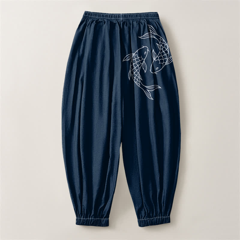 Buddha Stones Pantaloni harem da uomo in puro cotone con coulisse e tasche, fantasia a doppia carpa koi. - image 14