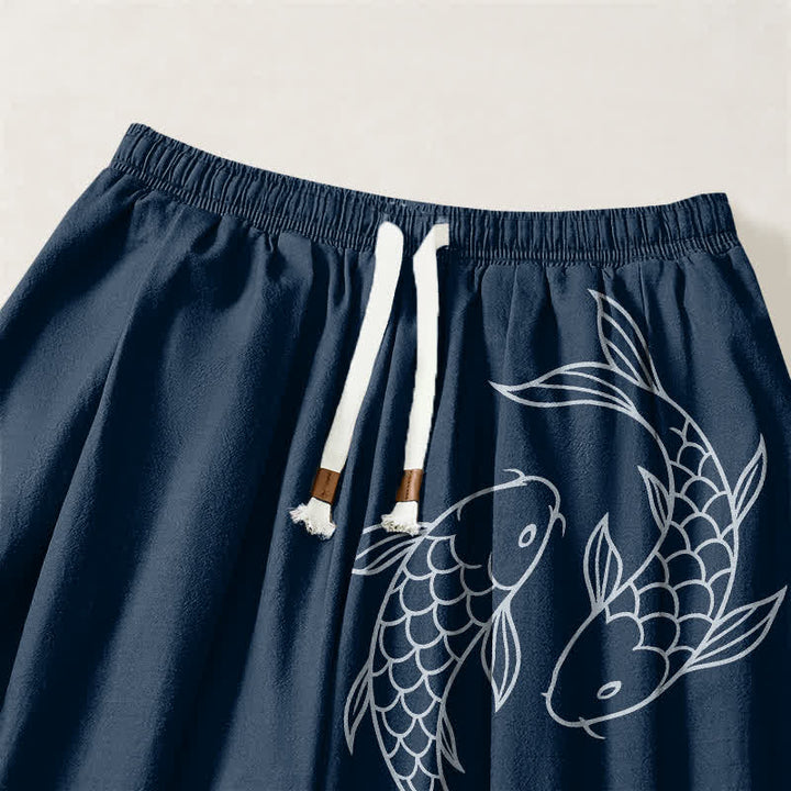 Buddha Stones Pantaloni harem da uomo in puro cotone con coulisse e tasche, fantasia a doppia carpa koi. - image 15
