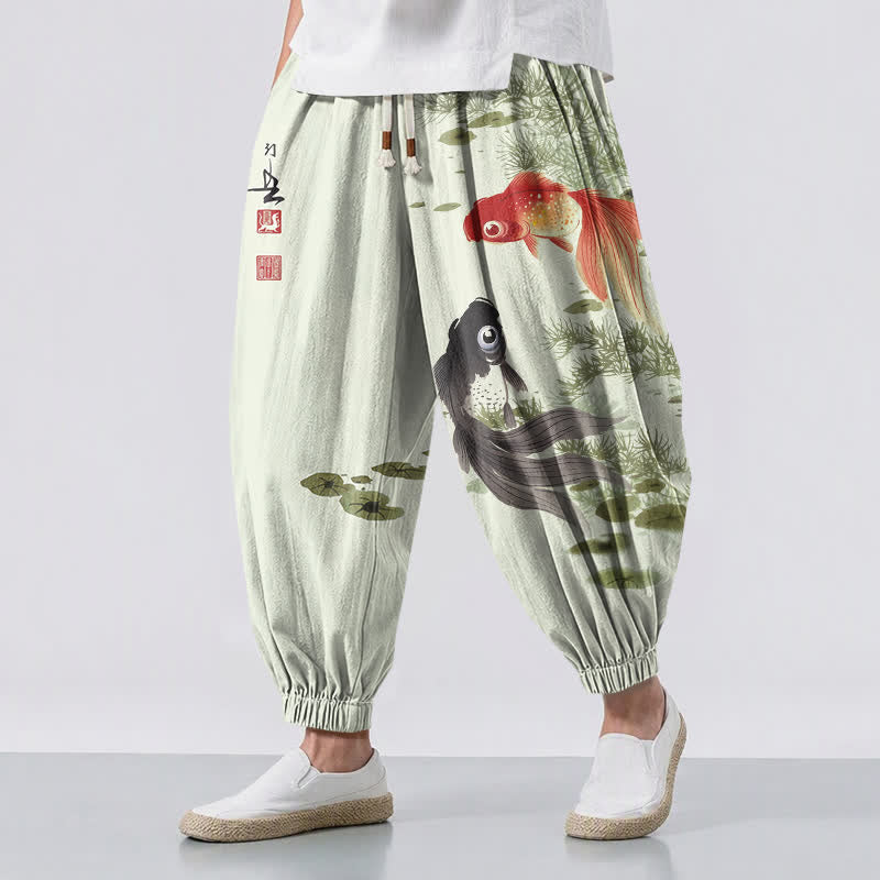 Buddha Stones Pantaloni harem da uomo in puro cotone con coulisse e tasche, fantasia a foglie di loto e koi. - Melata - US/UK/AU50, EU60 (5XL) - image 6