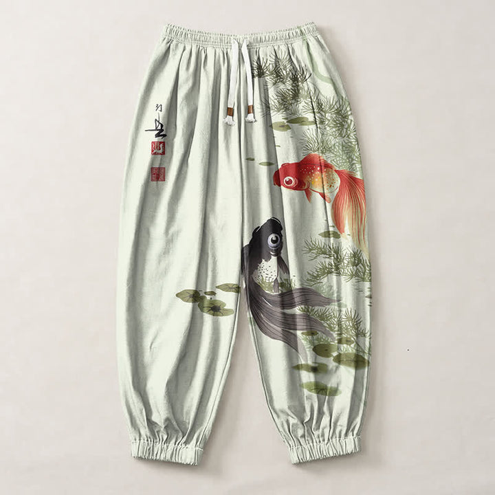 Buddha Stones Pantaloni harem da uomo in puro cotone con coulisse e tasche, fantasia a foglie di loto e koi. - image 7