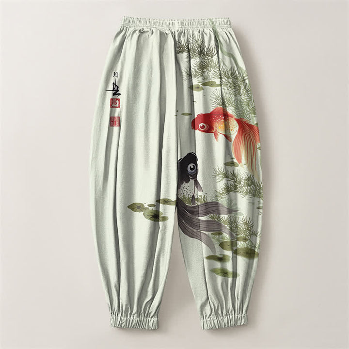 Buddha Stones Pantaloni harem da uomo in puro cotone con coulisse e tasche, fantasia a foglie di loto e koi. - image 8