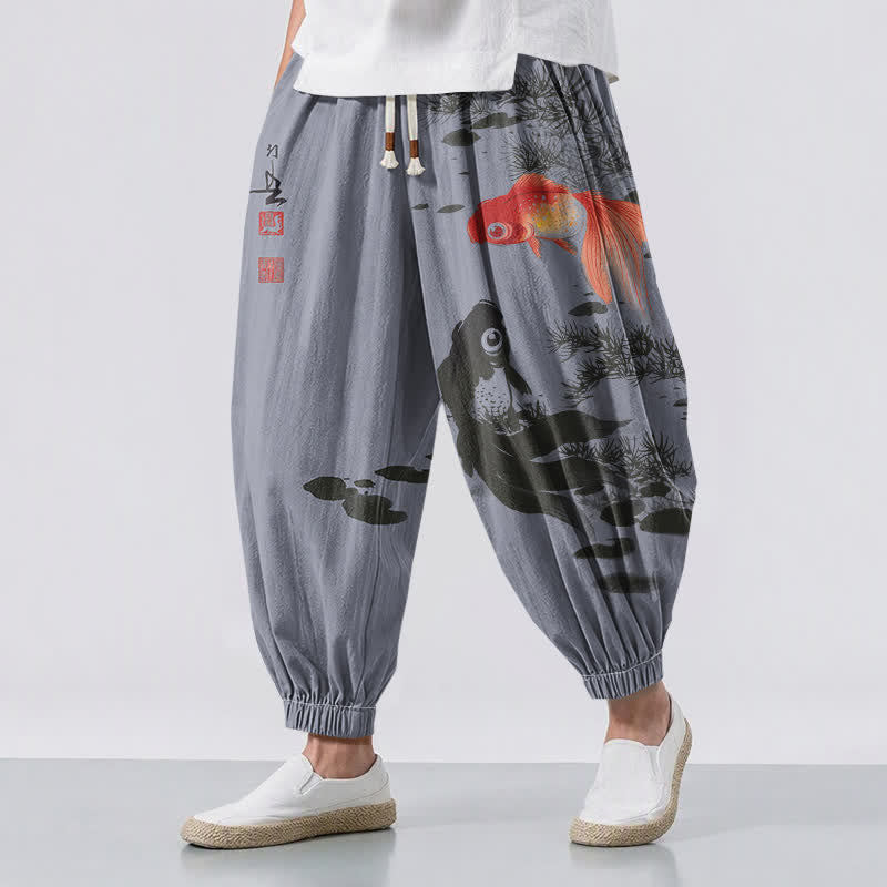Buddha Stones Pantaloni harem da uomo in puro cotone con coulisse e tasche, fantasia a foglie di loto e koi. - Grigio ardesia - US/UK/AU50, EU60 (5XL) - image 12