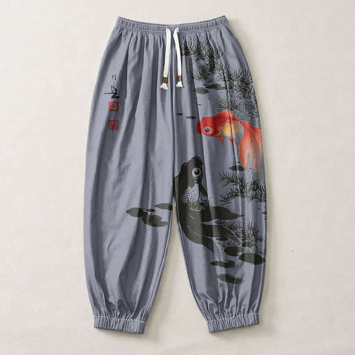 Buddha Stones Pantaloni harem da uomo in puro cotone con coulisse e tasche, fantasia a foglie di loto e koi. - image 13