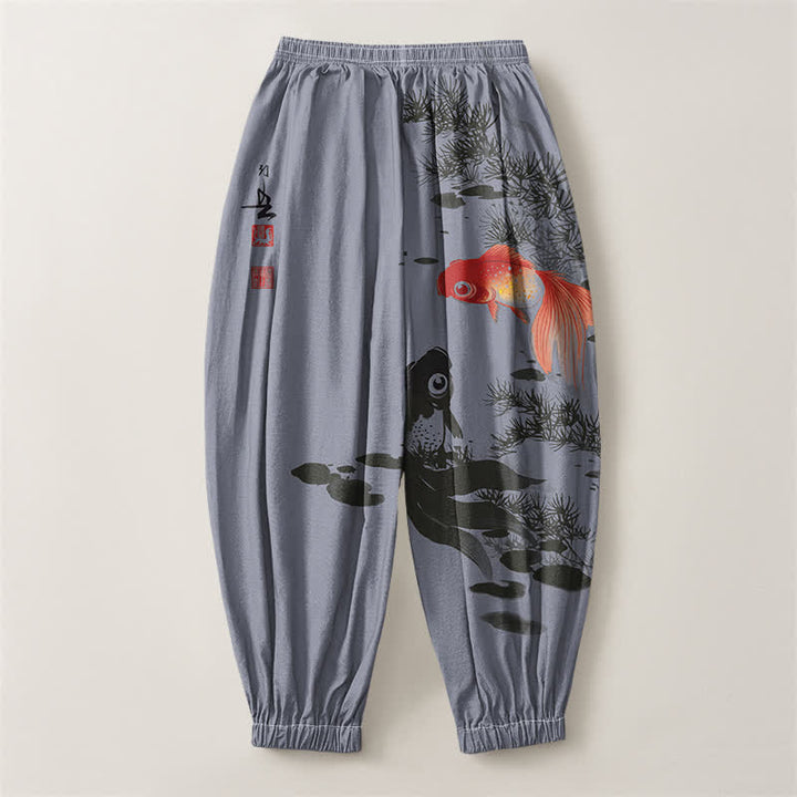 Buddha Stones Pantaloni harem da uomo in puro cotone con coulisse e tasche, fantasia a foglie di loto e koi. - image 14