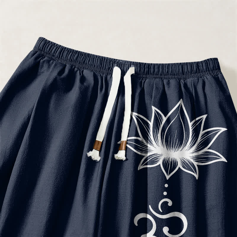 Buddha Stones Pantaloni harem da uomo in puro cotone con motivo loto Om e coulisse, con tasche. - image 3