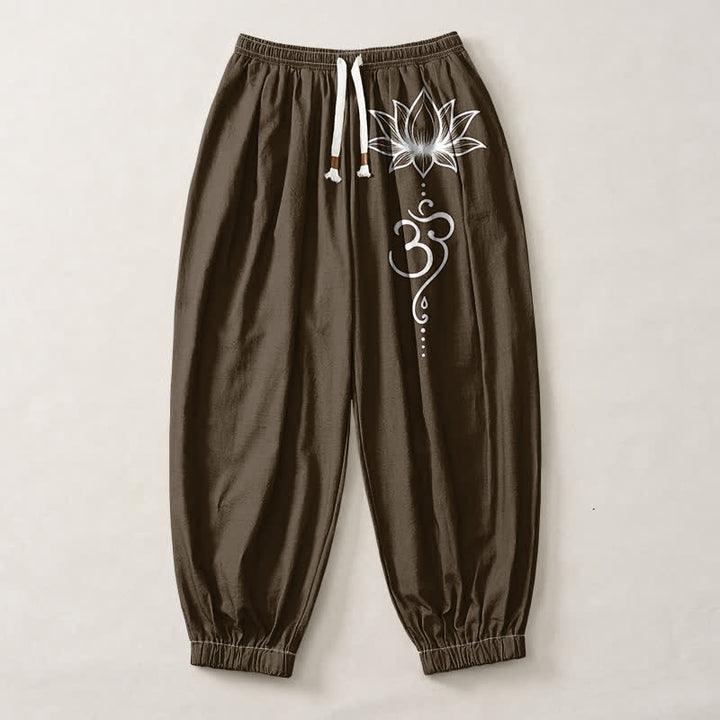 Buddha Stones Pantaloni harem da uomo in puro cotone con motivo loto Om e coulisse, con tasche. - image 7