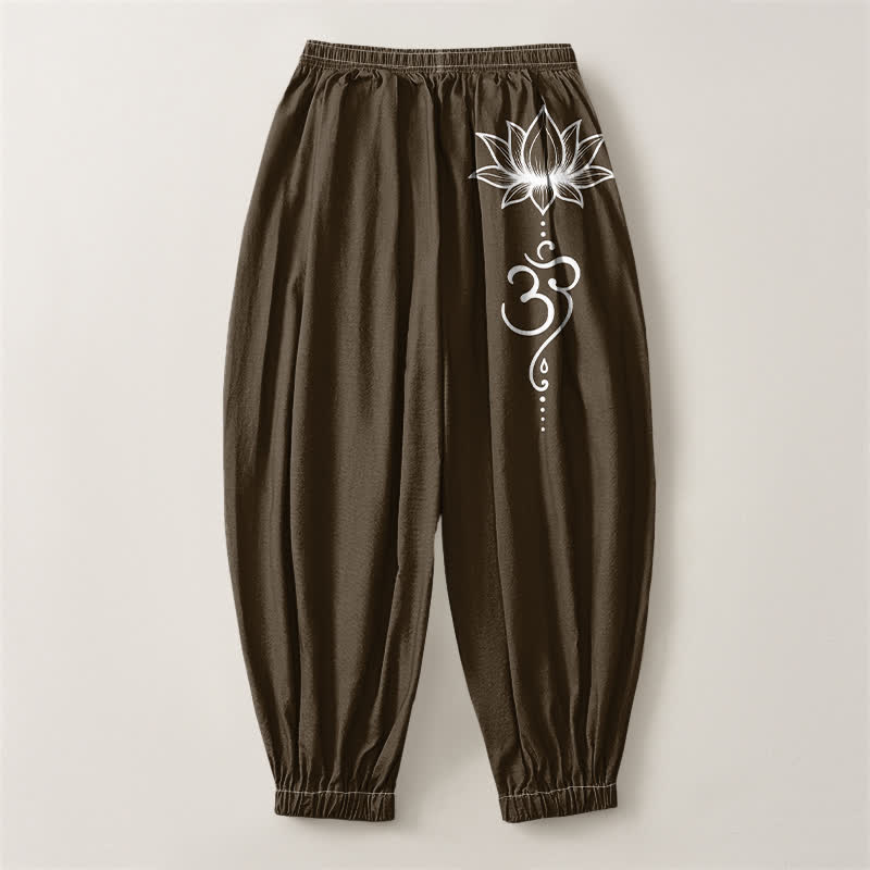 Buddha Stones Pantaloni harem da uomo in puro cotone con motivo loto Om e coulisse, con tasche. - image 8