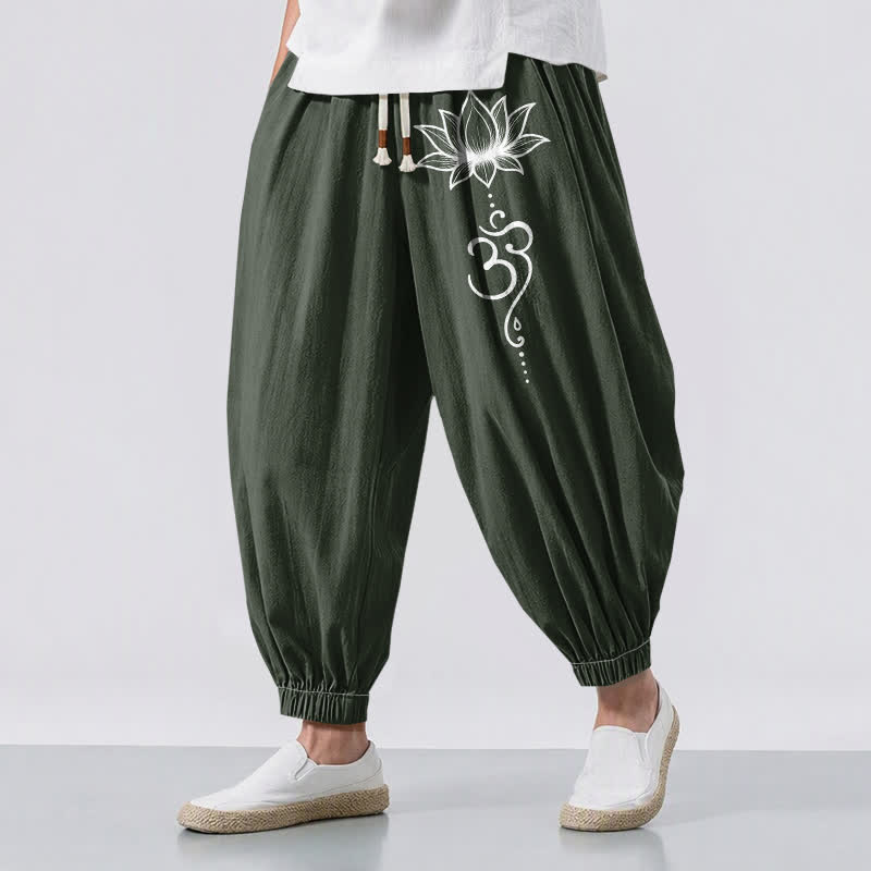 Buddha Stones Pantaloni harem da uomo in puro cotone con motivo loto Om e coulisse, con tasche. - Verde scuro - US/UK/AU50, EU60 (5XL) - image 12