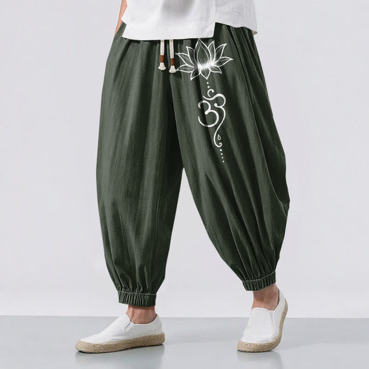 Buddha Stones Pantaloni harem da uomo in puro cotone con motivo loto Om e coulisse, con tasche. - Verde scuro - US/UK/AU50, EU60 (5XL) - image 12