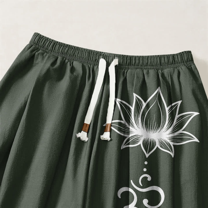 Buddha Stones Pantaloni harem da uomo in puro cotone con motivo loto Om e coulisse, con tasche. - image 15