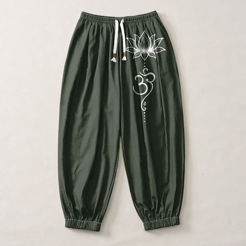 Buddha Stones Pantaloni harem da uomo in puro cotone con motivo loto Om e coulisse, con tasche. - image 13