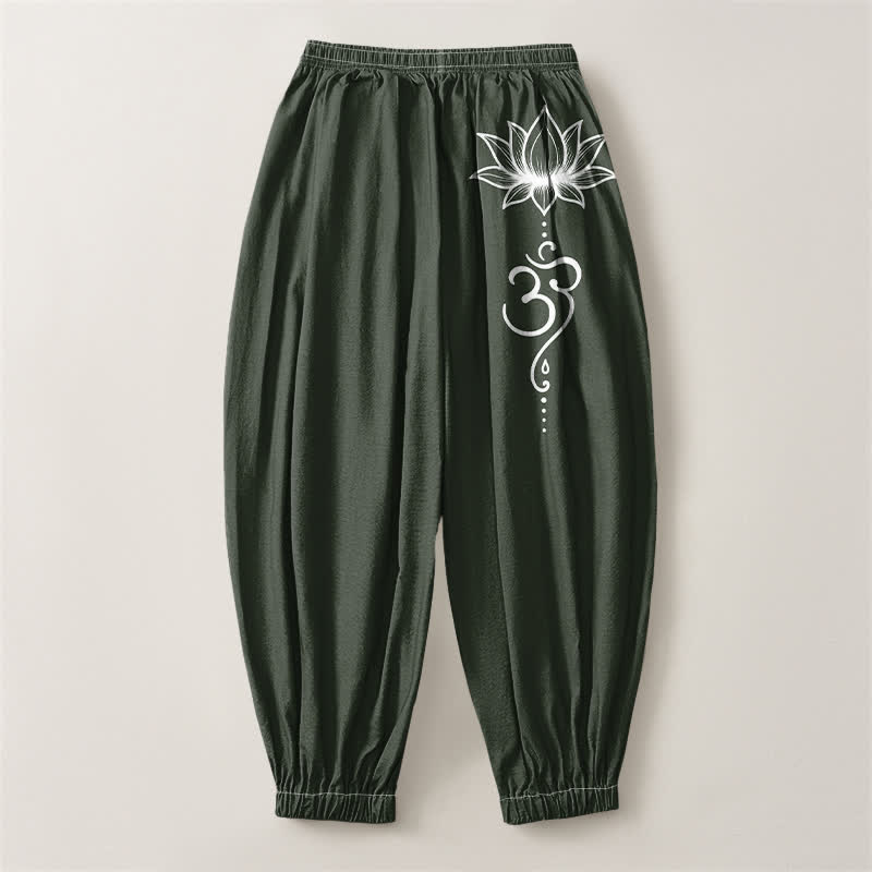 Buddha Stones Pantaloni harem da uomo in puro cotone con motivo loto Om e coulisse, con tasche. - image 14