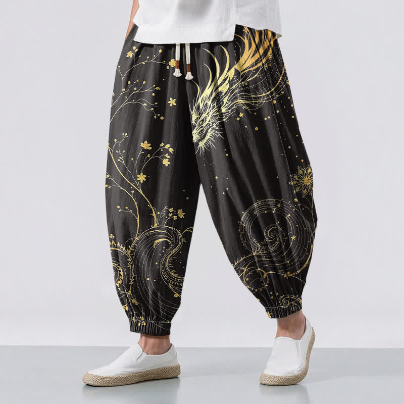 Buddha Stones Pantaloni harem da uomo in puro cotone con coulisse e tasche, fantasia drago dorato e nuvole, con motivo a nuvole e drago. - Nero - US/UK/AU50, EU60 (5XL) - image 0